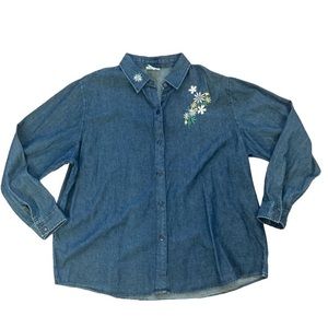 Collections Etc. Long Sleeved Denim Shirt w/ Embroidered Daisies, XXL